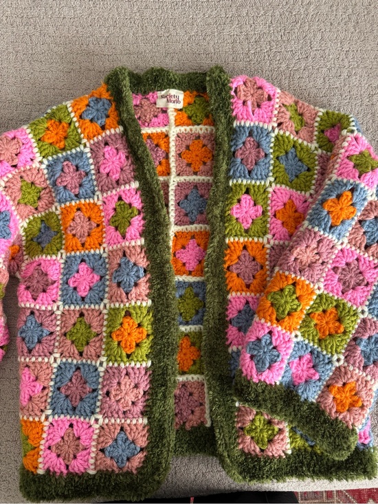 society mano Sweaters - Society Multicolor Crochet Granny Square Cardigan - Pink & Green